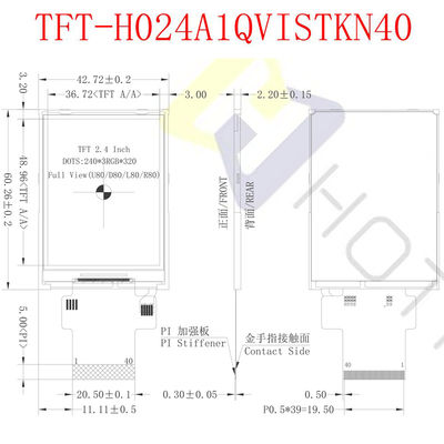 διεπαφή επίδειξης 480X640 SPI ίντσας TFT LCD 500cd/M2 2,4 για την ενοργάνωση tft-H024A13VGIST5N40