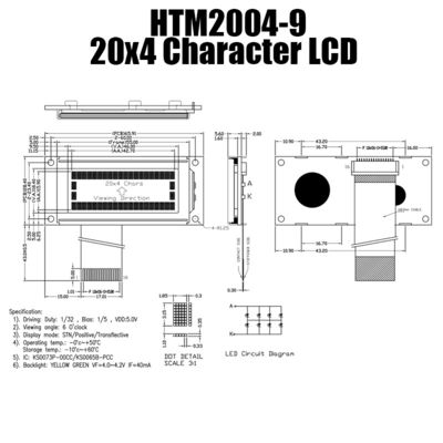4X20 άσπρη λεπτή ενότητα χαρακτήρα LCD για βιομηχανικά htm2004-9