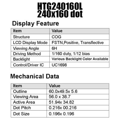 Ενότητα UC1698 ΒΑΡΑΊΝΩ LCD 18PIN 240x160 με δευτερεύον άσπρο Backlight HTG240160L